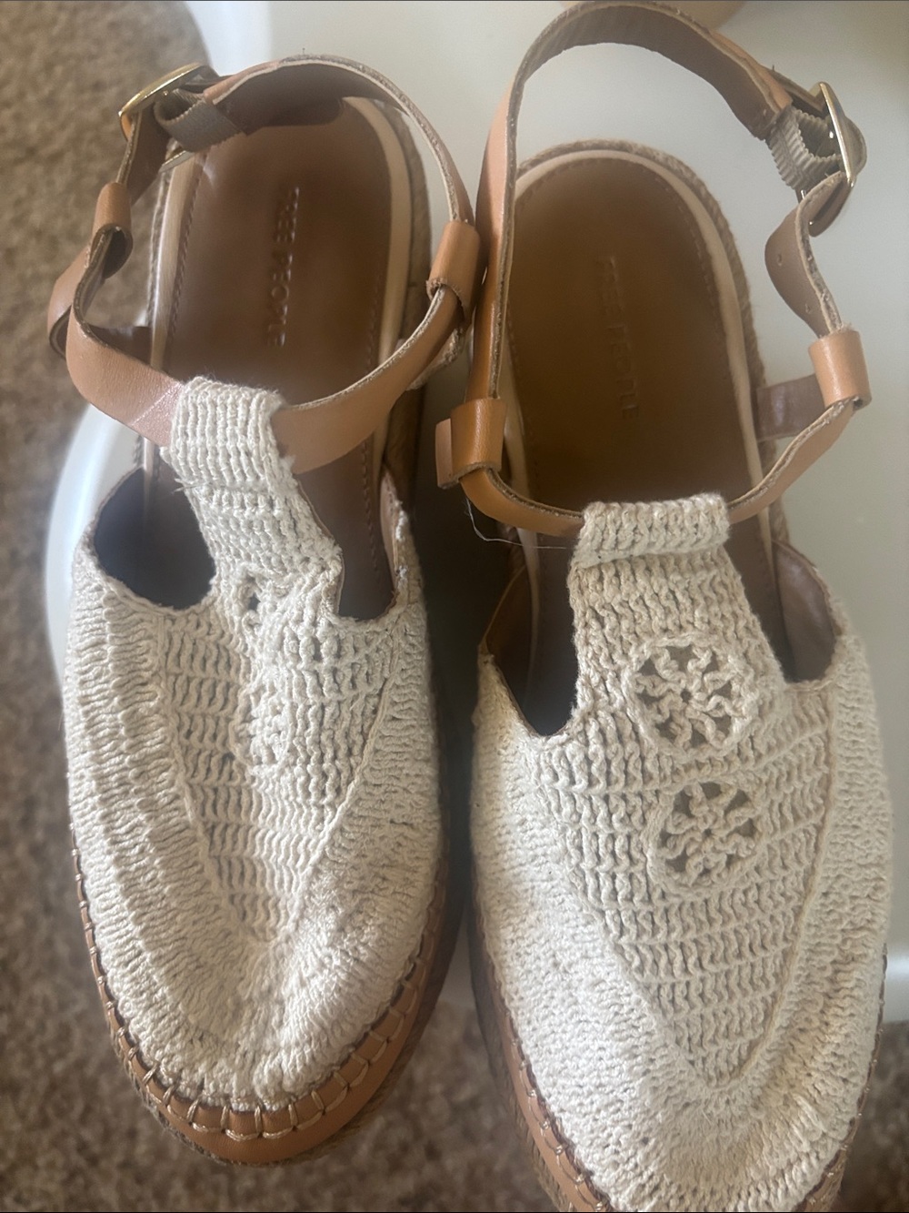 Free People Cream Crochet Platform Sandals with Tan Trim - Picture 2 of 6